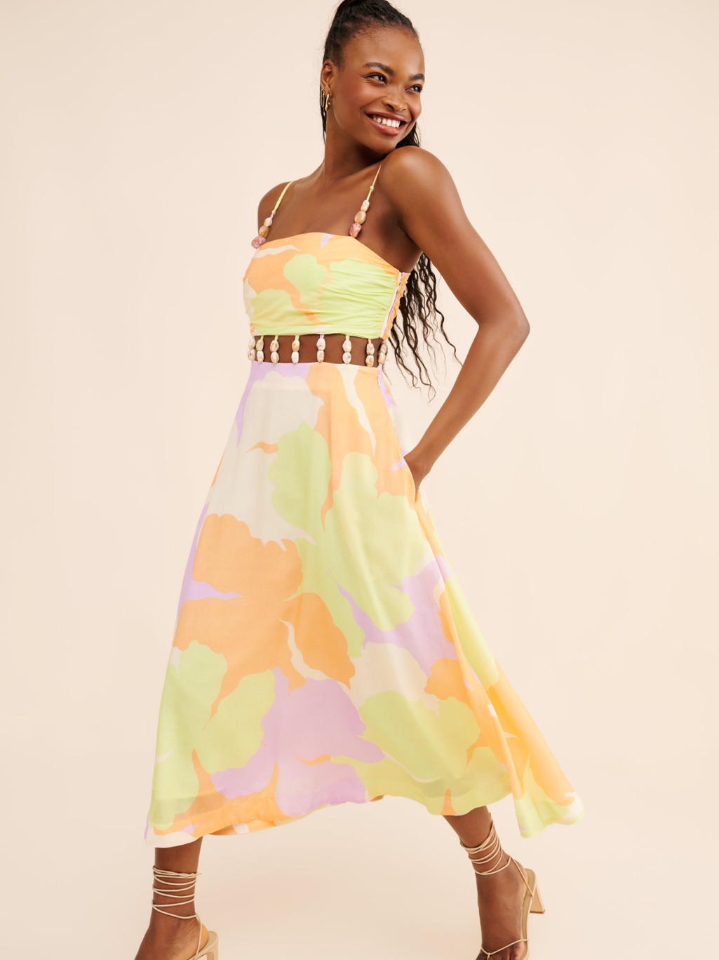 Amur Pastel Floral Midi Dress With Beaded Waist Straps - Yellow Green